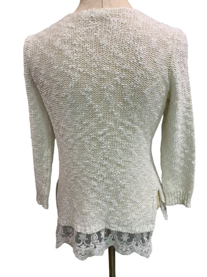 Small Cato Womens White Loose Knit Sweater Lace Flounce Hem