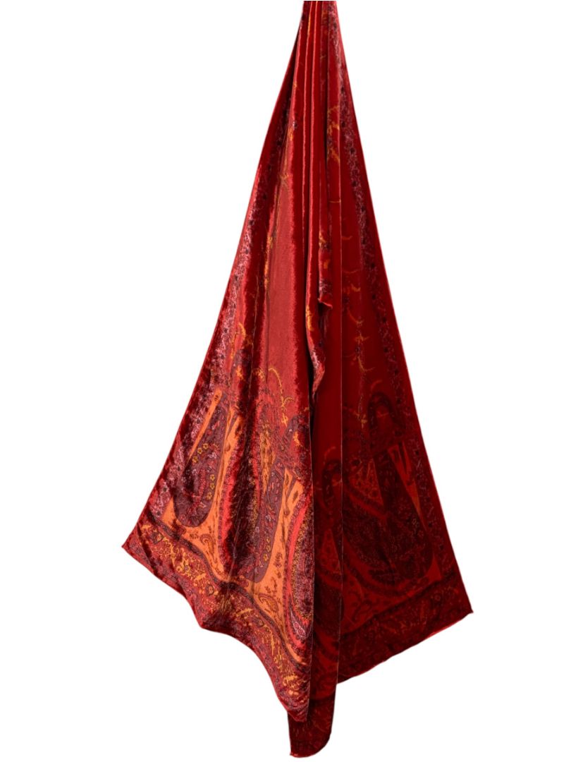 Red Orange Velvet Double Faced Scarf Dressy 15" x 64" Subtle Paisley