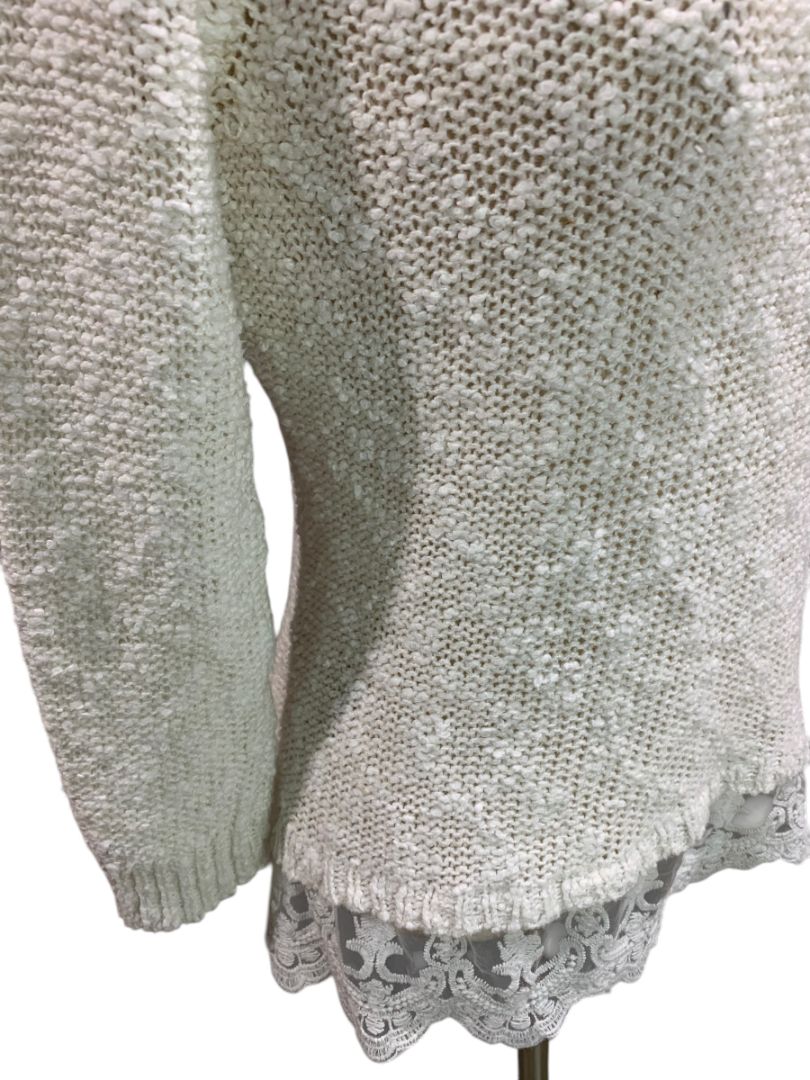 Small Cato Womens White Loose Knit Sweater Lace Flounce Hem