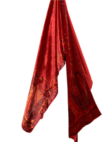 Red Orange Velvet Double Faced Scarf Dressy 15" x 64" Subtle Paisley