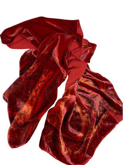 Red Orange Velvet Double Faced Scarf Dressy 15" x 64" Subtle Paisley