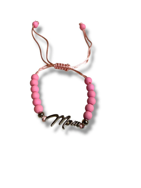 Pink Silvertone Adjustable Slide Bracelet "Mom" Beaded