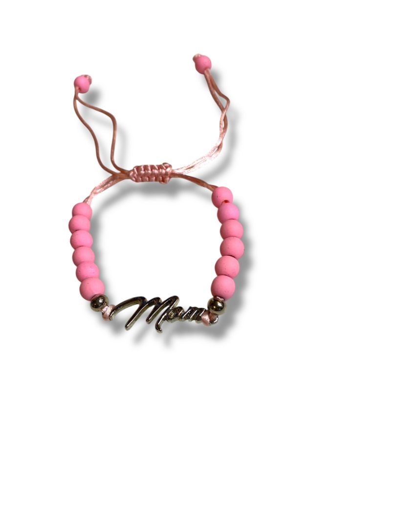 Pink Silvertone Adjustable Slide Bracelet "Mom" Beaded