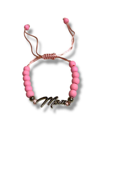 Pink Silvertone Adjustable Slide Bracelet "Mom" Beaded