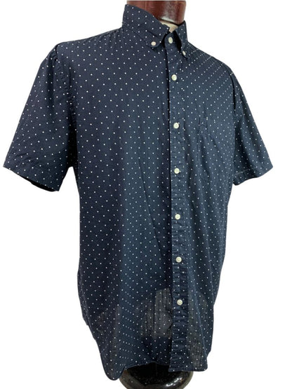 Large J.Crew Mens Short Sleeve Button Up Shirt Navy Blue Polka Dots