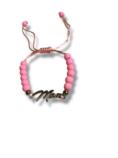 Pink Silvertone Adjustable Slide Bracelet "Mom" Beaded