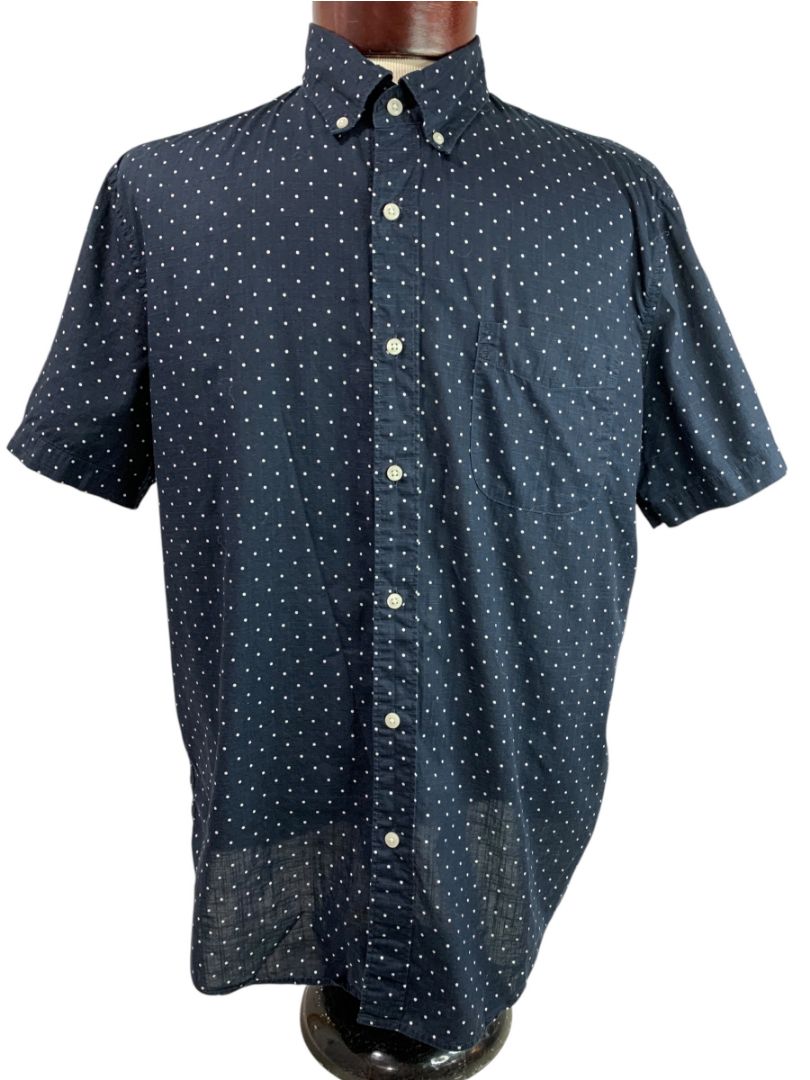 Large J.Crew Mens Short Sleeve Button Up Shirt Navy Blue Polka Dots