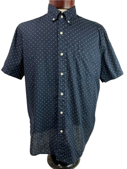 Large J.Crew Mens Short Sleeve Button Up Shirt Navy Blue Polka Dots