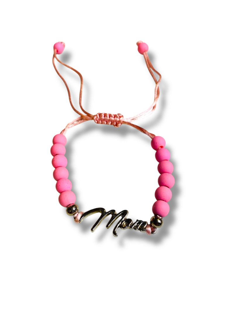 Pink Silvertone Adjustable Slide Bracelet "Mom" Beaded