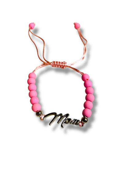 Pink Silvertone Adjustable Slide Bracelet "Mom" Beaded