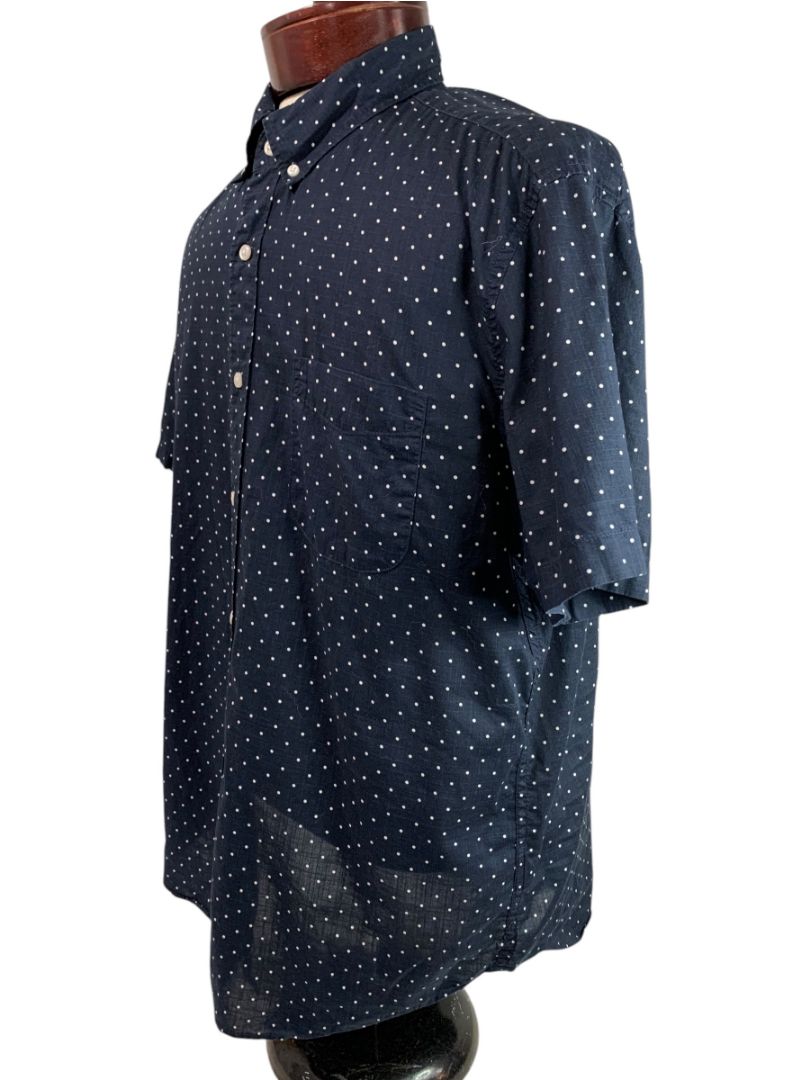Large J.Crew Mens Short Sleeve Button Up Shirt Navy Blue Polka Dots