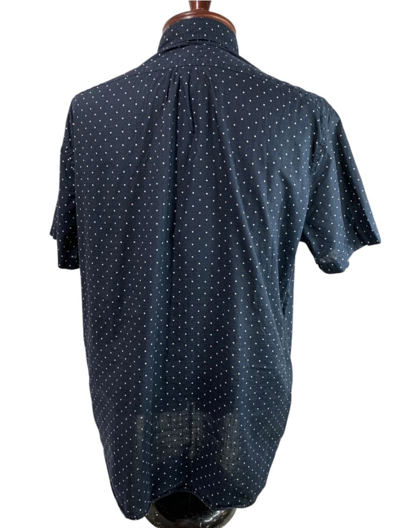 Large J.Crew Mens Short Sleeve Button Up Shirt Navy Blue Polka Dots