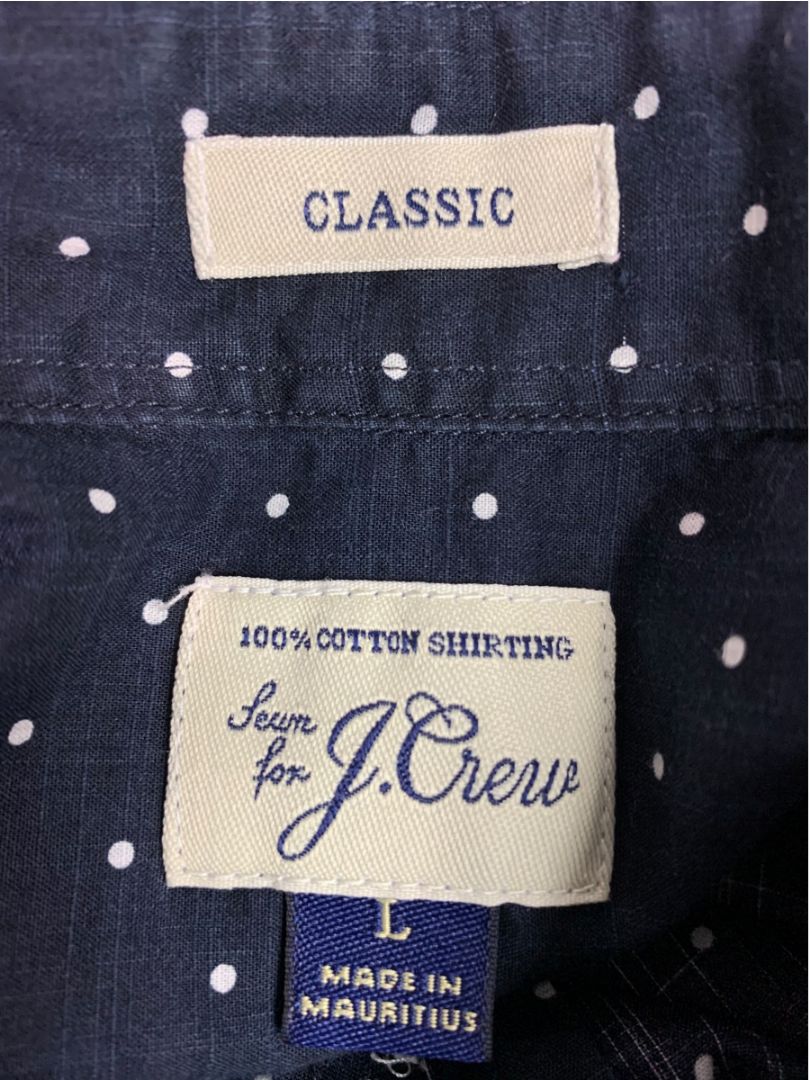 Large J.Crew Mens Short Sleeve Button Up Shirt Navy Blue Polka Dots