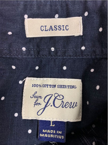 Large J.Crew Mens Short Sleeve Button Up Shirt Navy Blue Polka Dots
