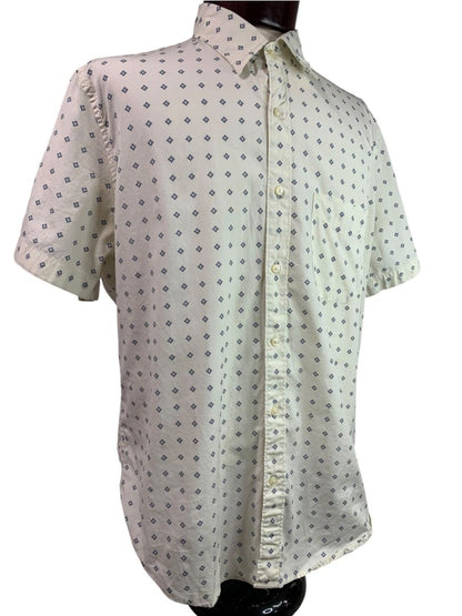 Large J.Crew Mens Short Sleeve Button Up Secret Wash White Blue Print
