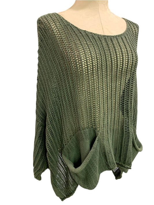 One Size Tempo Paris Slouchy Lagenlook Sweater Dark Green Cotton Pockets