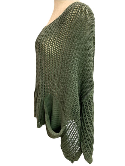 One Size Tempo Paris Slouchy Lagenlook Sweater Dark Green Cotton Pockets