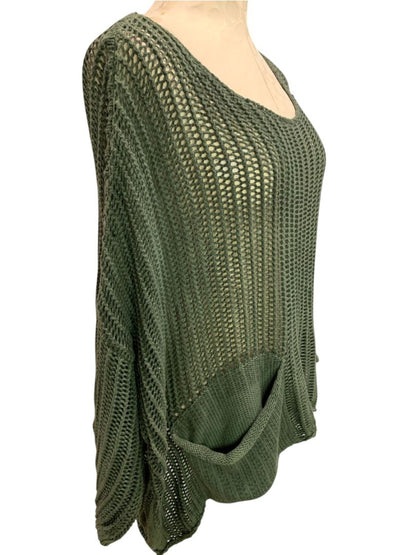 One Size Tempo Paris Slouchy Lagenlook Sweater Dark Green Cotton Pockets