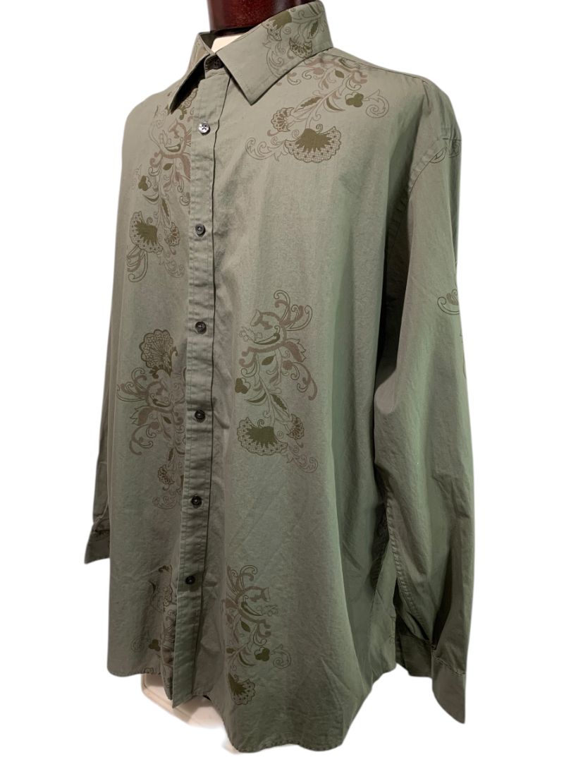 XXL Alfani Mens Green Button Up Long Sleeve Shirt Floral Design