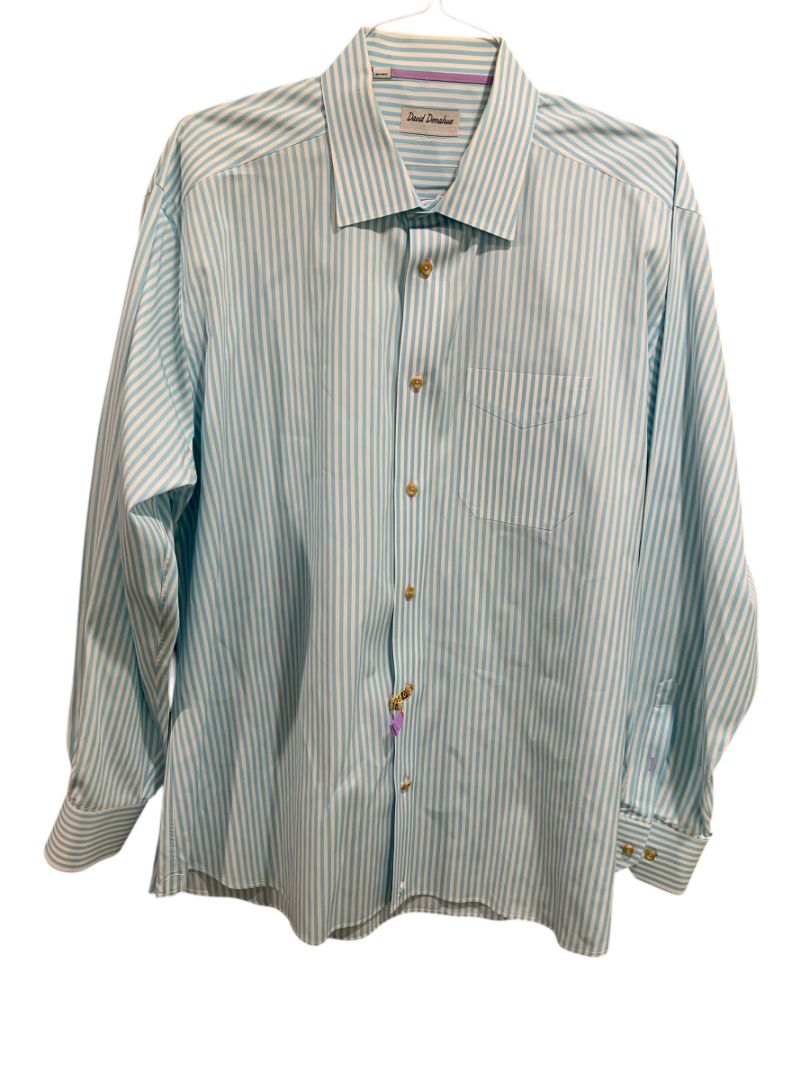 XXL David Donahue Mens Button Up Dress Shirt Aqua White Stripe