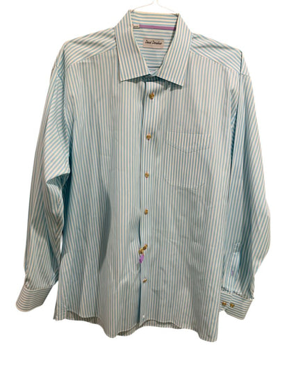 XXL David Donahue Mens Button Up Dress Shirt Aqua White Stripe