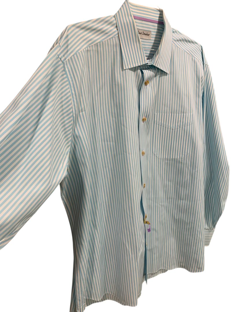 XXL David Donahue Mens Button Up Dress Shirt Aqua White Stripe