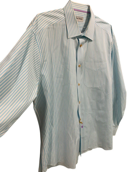 XXL David Donahue Mens Button Up Dress Shirt Aqua White Stripe