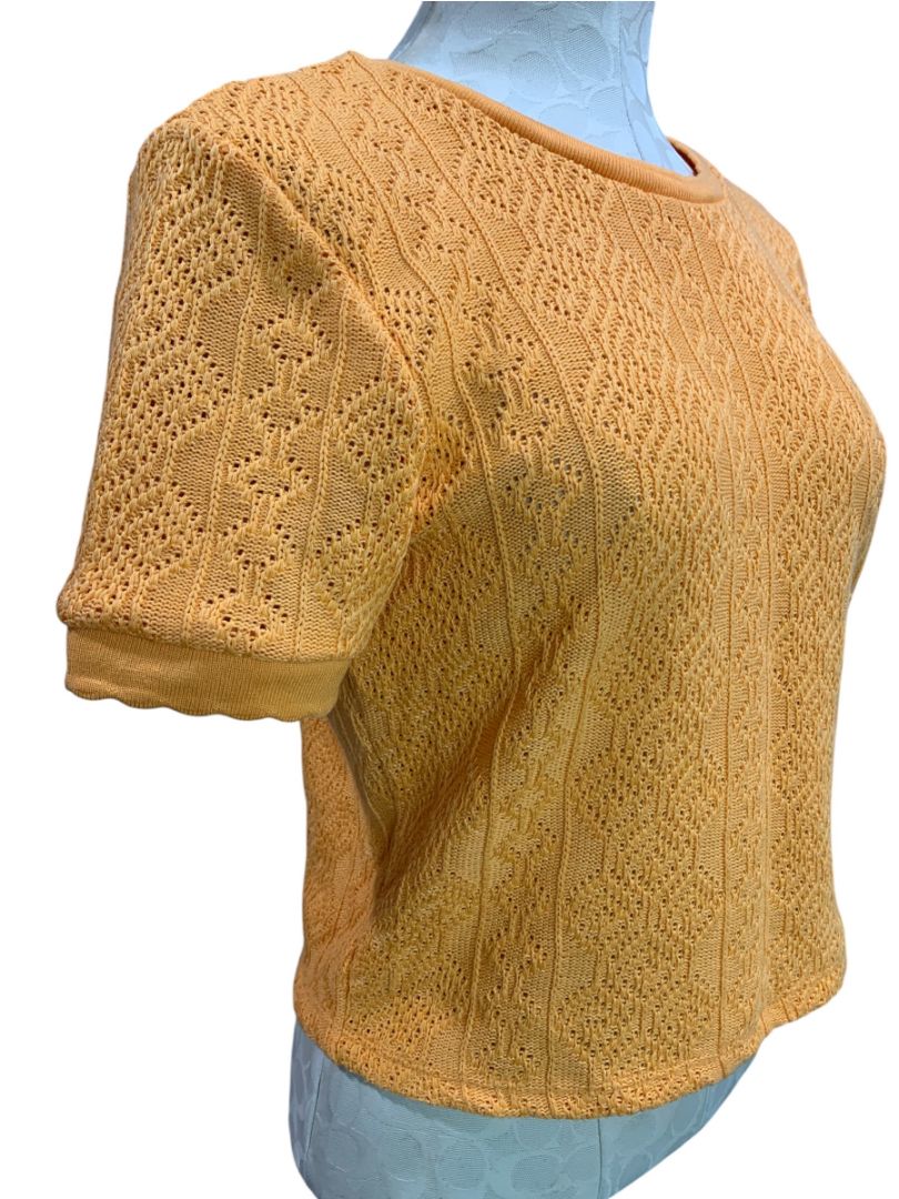 Large Zara Womens Orange Retro Loose Weave Pattern Sweater Short Sleeve