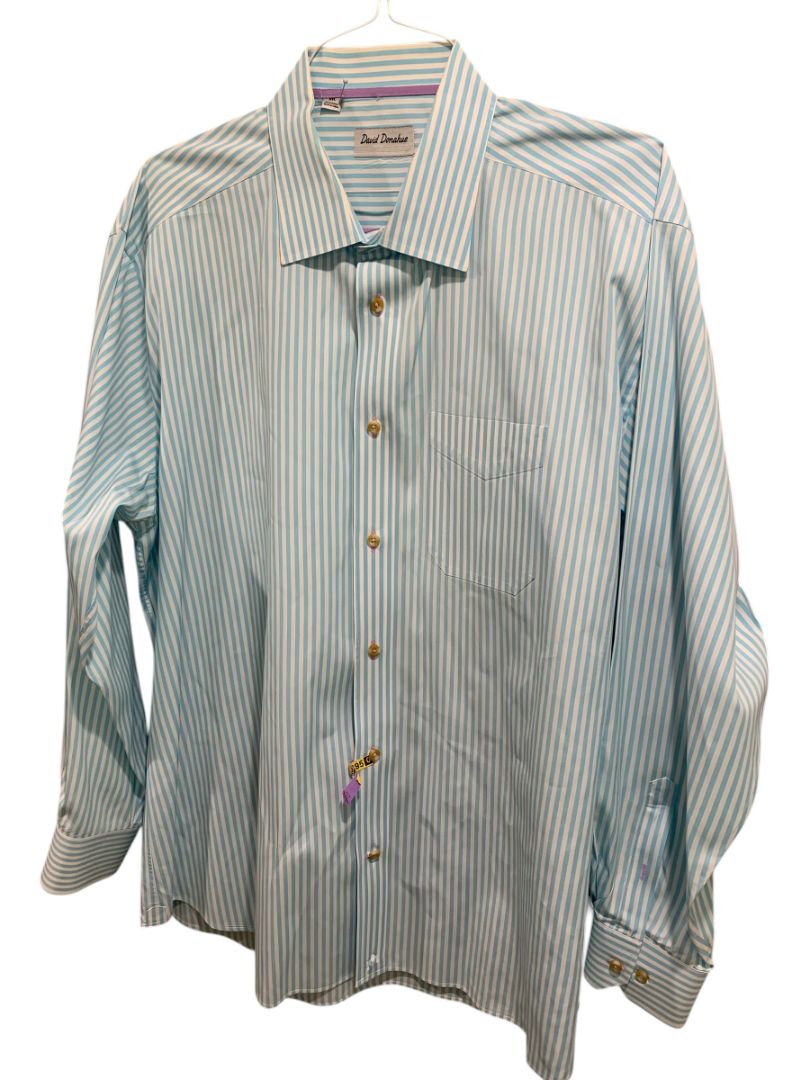 XXL David Donahue Mens Button Up Dress Shirt Aqua White Stripe