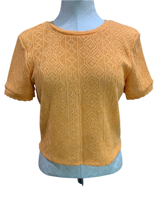 Large Zara Womens Orange Retro Loose Weave Pattern Sweater Short Sleeve