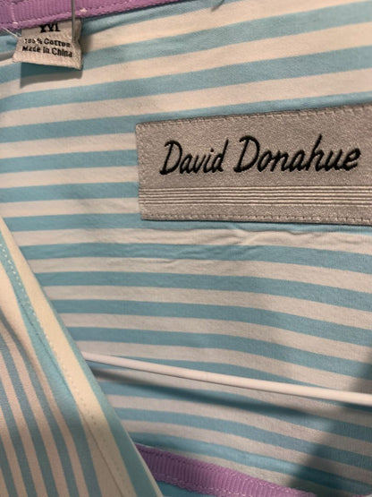 XXL David Donahue Mens Button Up Dress Shirt Aqua White Stripe