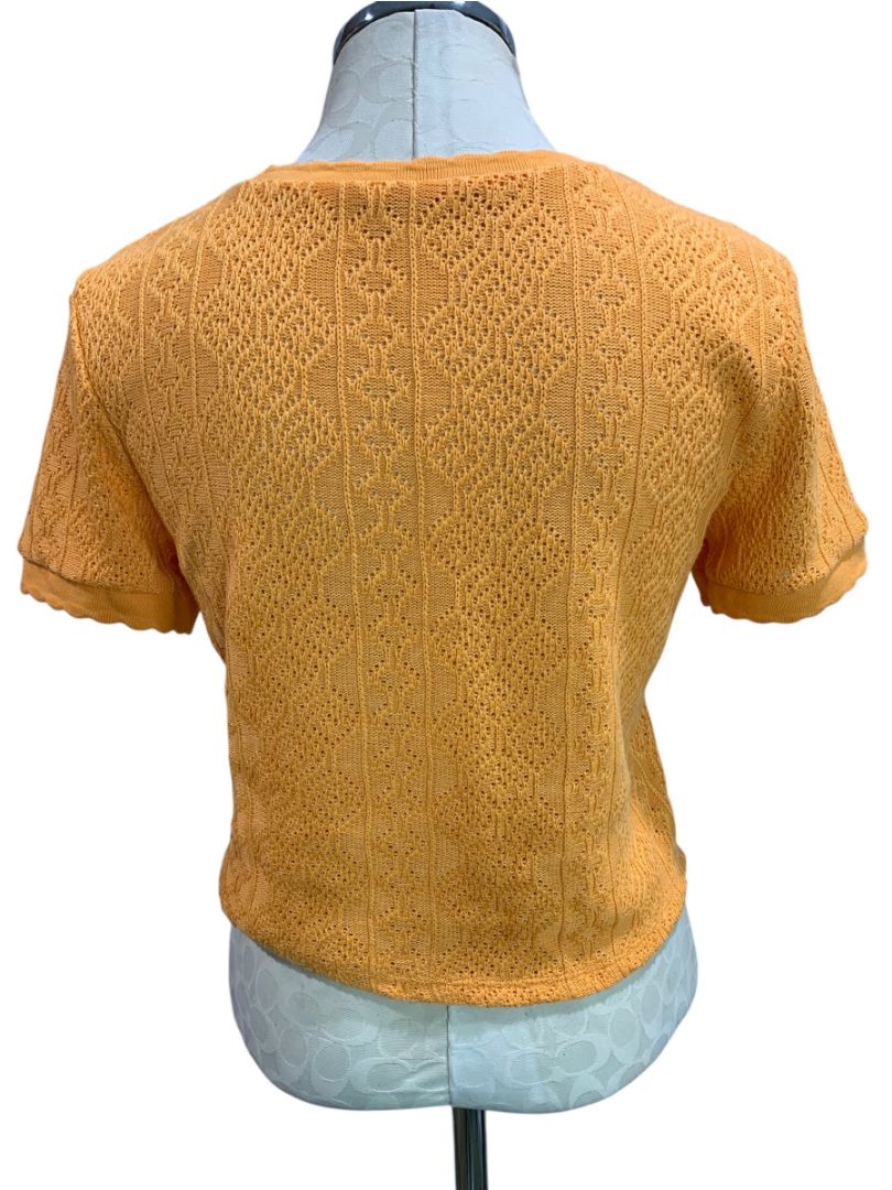 Large Zara Womens Orange Retro Loose Weave Pattern Sweater Short Sleeve