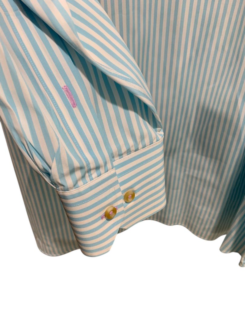 XXL David Donahue Mens Button Up Dress Shirt Aqua White Stripe