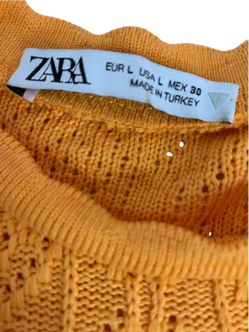 Large Zara Womens Orange Retro Loose Weave Pattern Sweater Short Sleeve