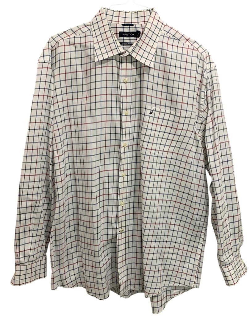 XXL Nautica Mens Button Up Dress Shirt White Black Red Check Wrinkle Resistant
