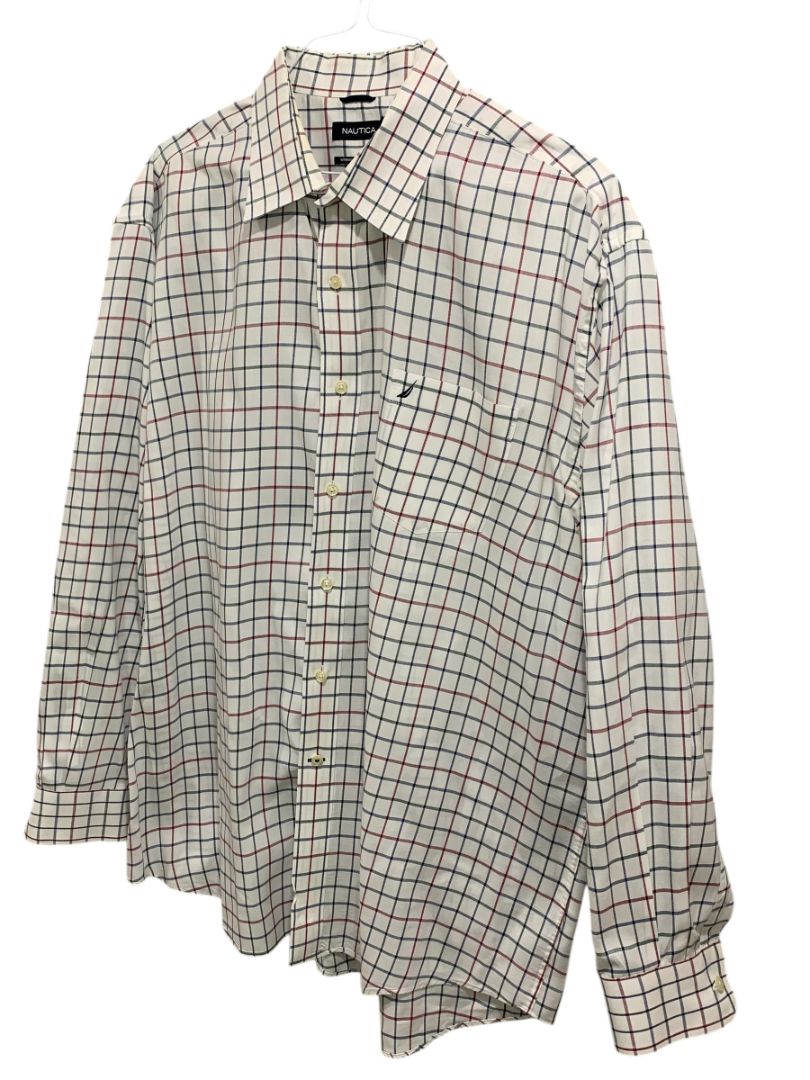 XXL Nautica Mens Button Up Dress Shirt White Black Red Check Wrinkle Resistant