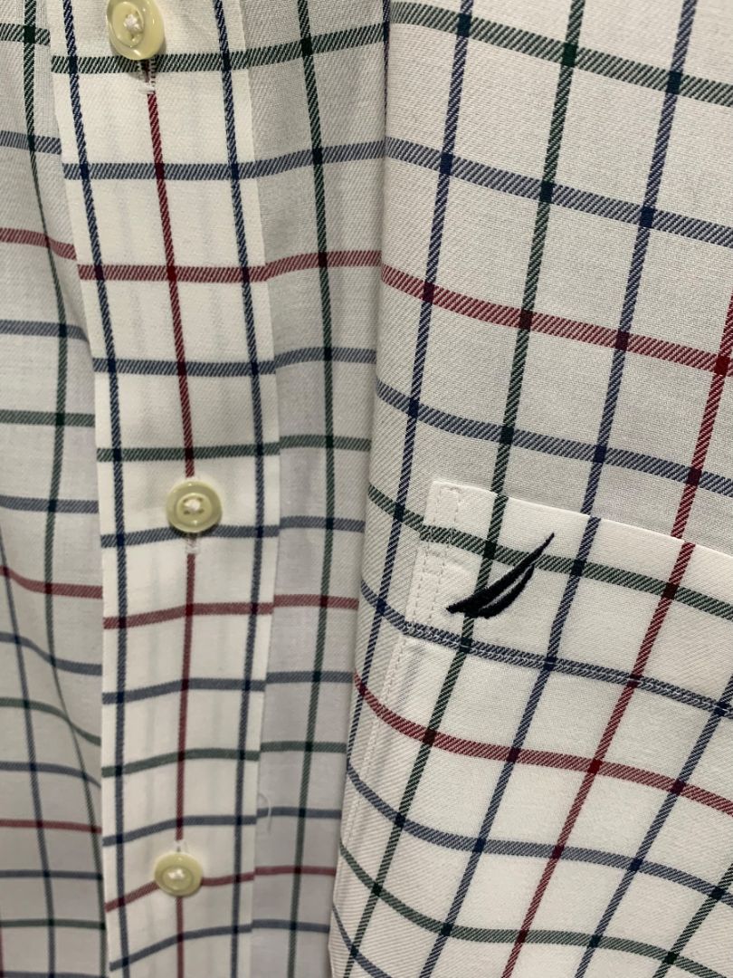 XXL Nautica Mens Button Up Dress Shirt White Black Red Check Wrinkle Resistant