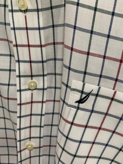 XXL Nautica Mens Button Up Dress Shirt White Black Red Check Wrinkle Resistant