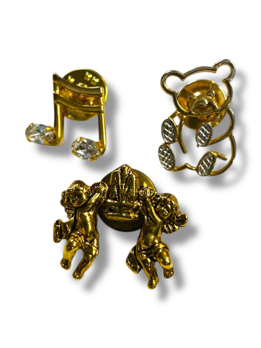 Lot of 3 Goldtone Lapel Pins Teddy Bear Music Note Angels .75"