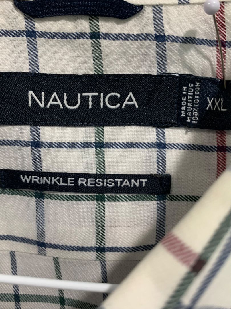 XXL Nautica Mens Button Up Dress Shirt White Black Red Check Wrinkle Resistant