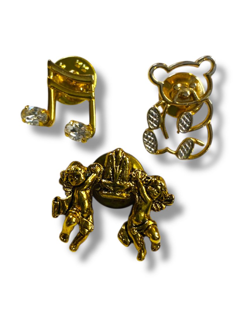Lot of 3 Goldtone Lapel Pins Teddy Bear Music Note Angels .75"