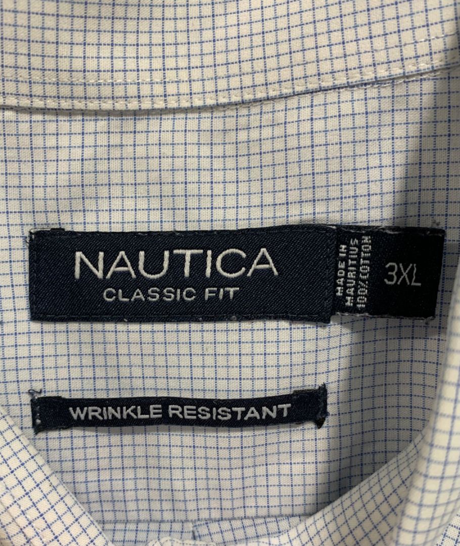 3XL Nautica Mens Wrinkle Resistant Button Down Dress Shirt White Blue Check