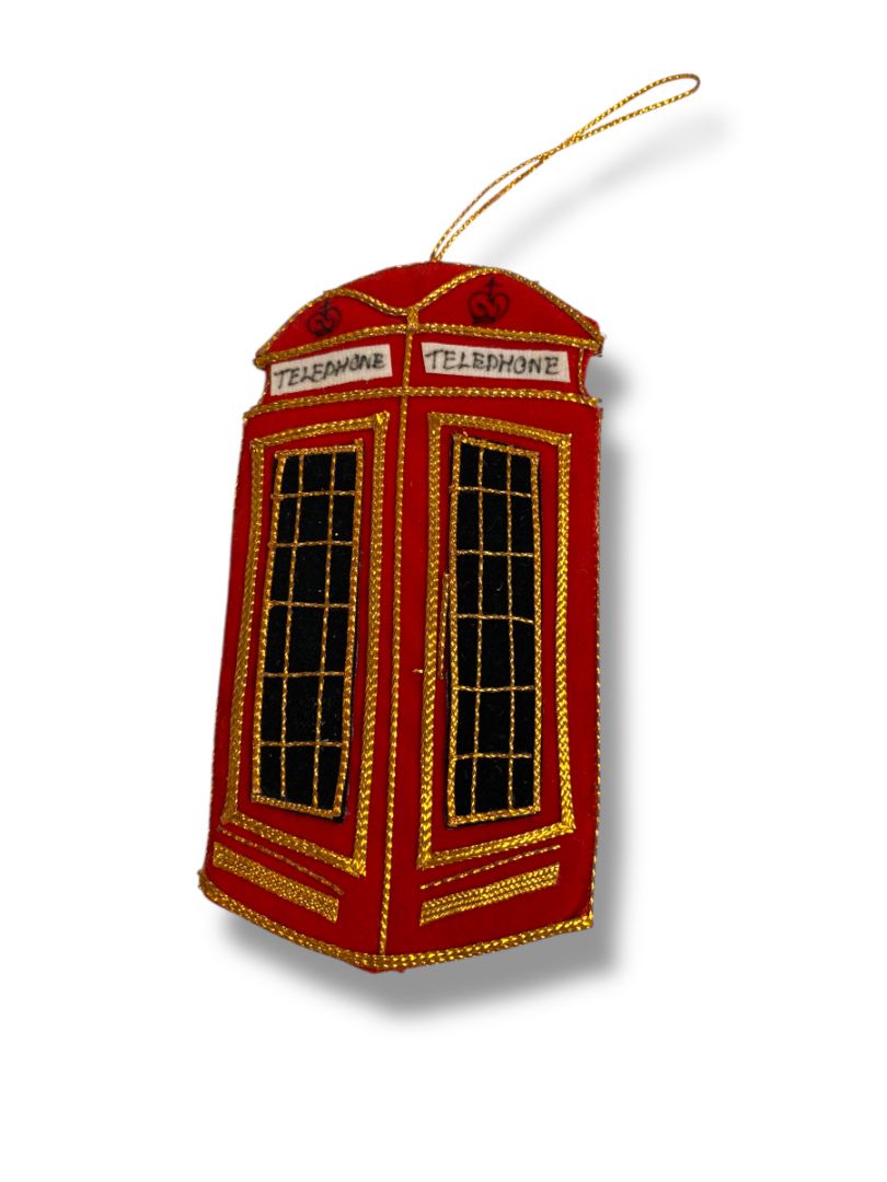 Vintage Handmade Red Telephone Booth Fabric Ornament Christmas 4.25"