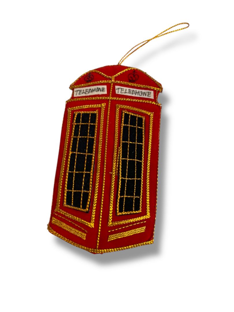 Vintage Handmade Red Telephone Booth Fabric Ornament Christmas 4.25"