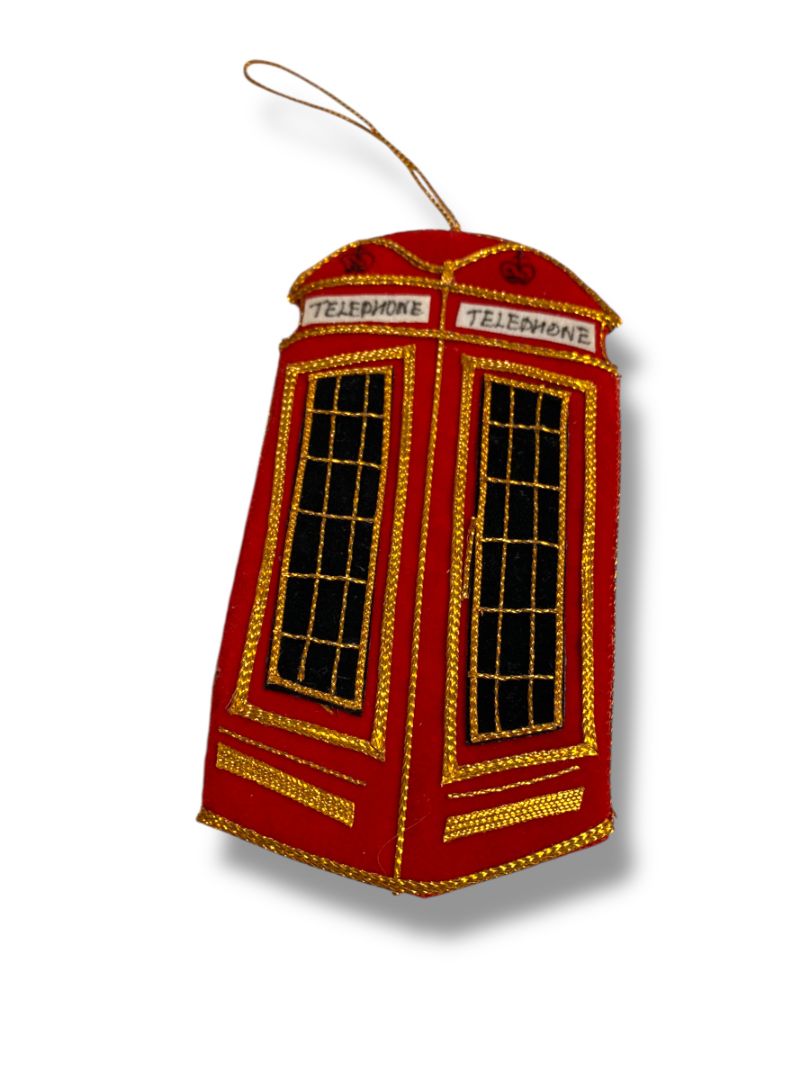 Vintage Handmade Red Telephone Booth Fabric Ornament Christmas 4.25"