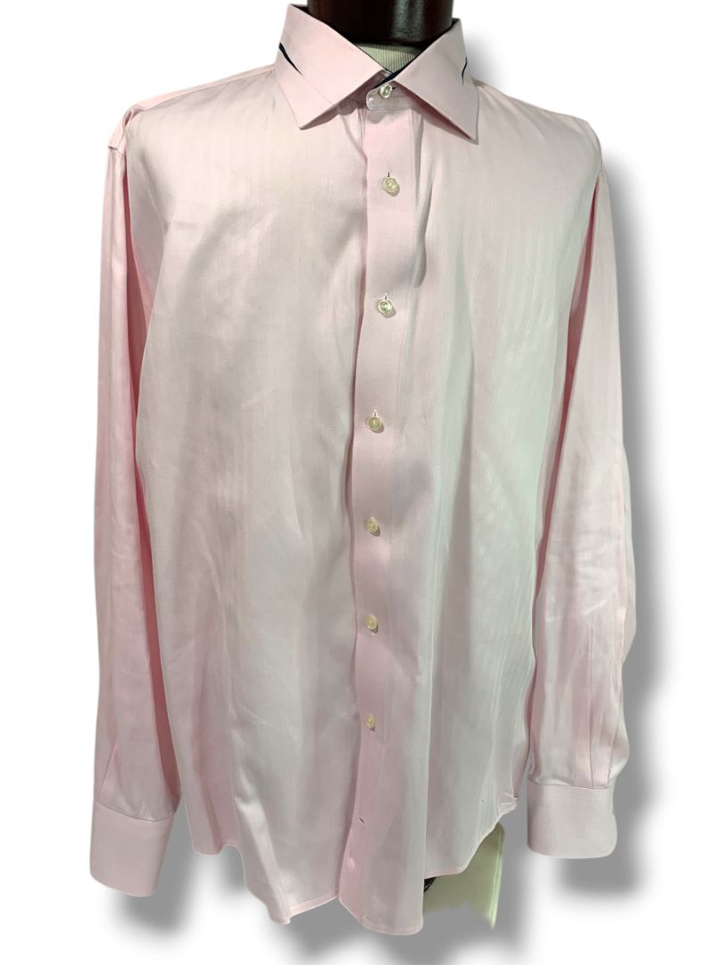 3XL (19 38) LVs Signature Mens Button Up Dress Shirt Light Pink Black Contrast Contemporary Fit