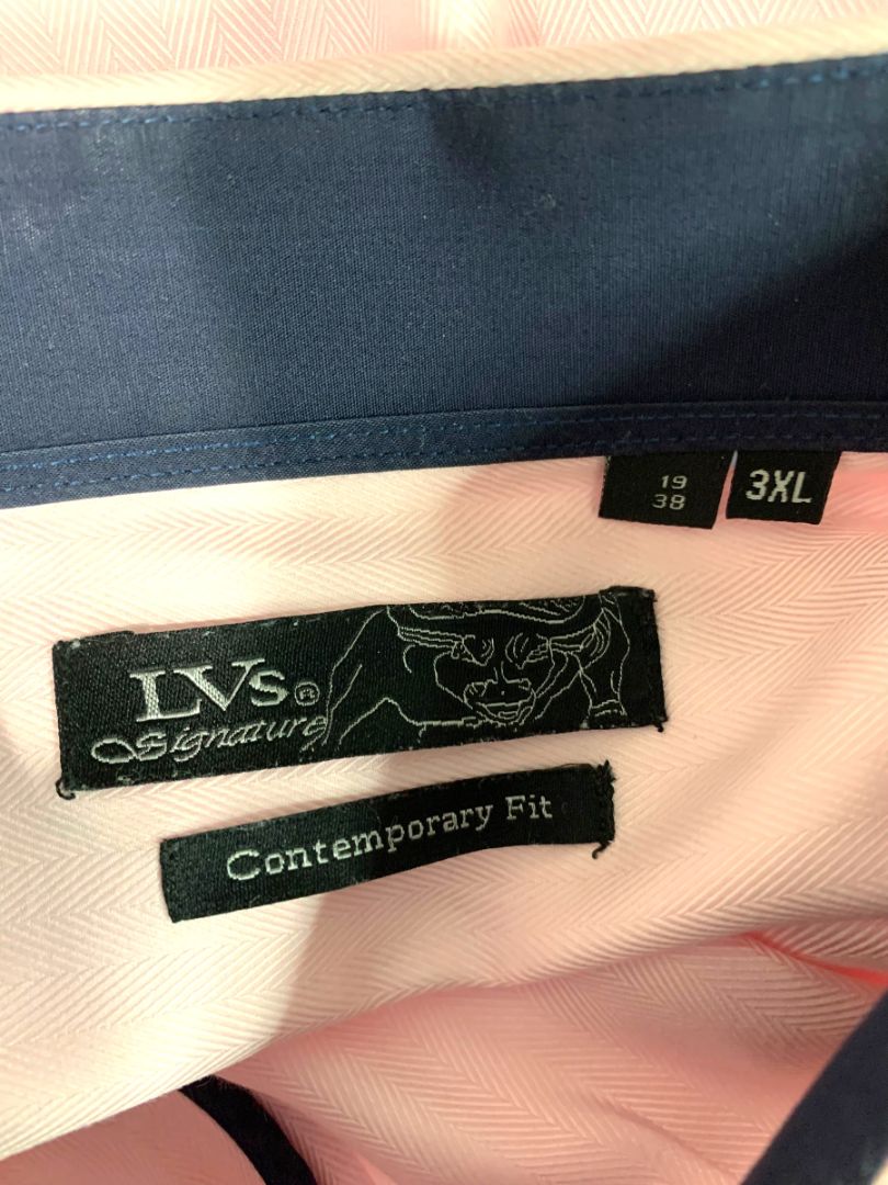 3XL (19 38) LVs Signature Mens Button Up Dress Shirt Light Pink Black Contrast Contemporary Fit