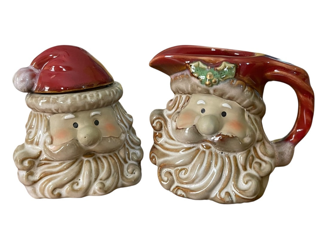 Holiday Santa Ceramic Creamer and Sugar Set Retro Look New
