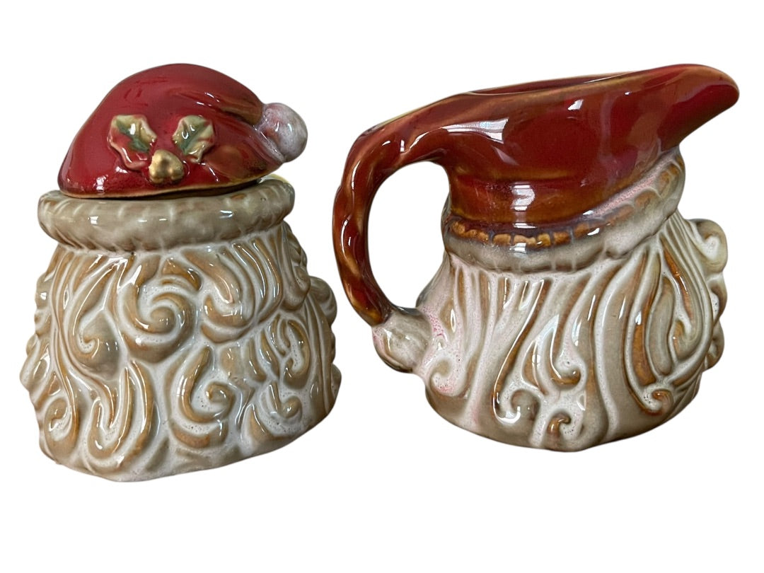 Holiday Santa Ceramic Creamer and Sugar Set Retro Look New