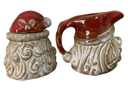 Holiday Santa Ceramic Creamer and Sugar Set Retro Look New